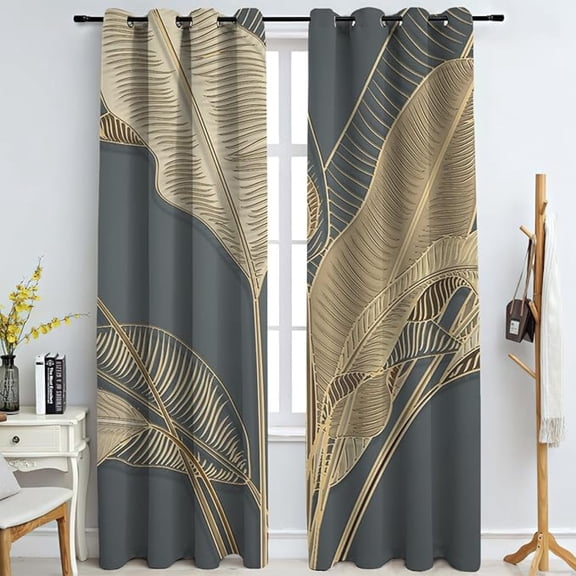 3D Leaves Tropical Exotic Luxury Window Curtain Panel, Gold Foil Vintage Leaves Blackout Window Treatments, Grommet Window Drapes for Bedroom Living Room Home Hotel Decor 26"W x 45"L (Pack of 2)