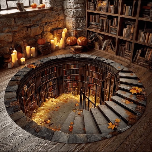3D Library Staircase Rug Book Lover Illusion Carpet Fantasy Reading Nook Decor