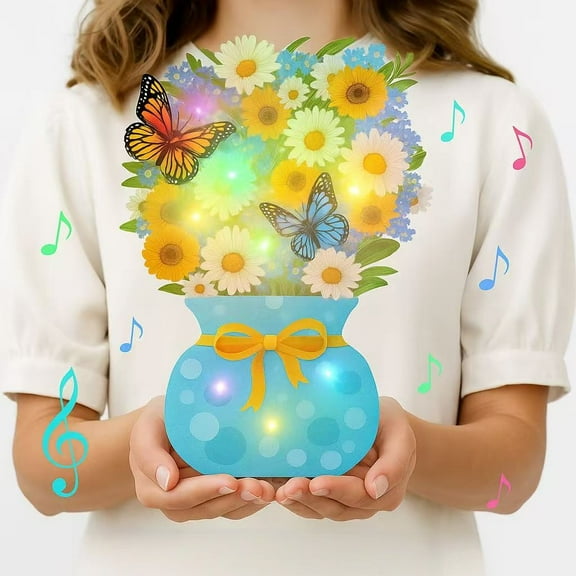 3D Light & Music Birthday Pop Up Card for Her, 9 Daisy Butterfly Bouquet, Greeting Card for Mom Wife Daughter Sister