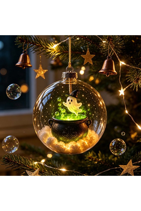 3D Light-Up Halloween Story Ball Ornament, Warm LED Glowing Ghost Witch Pot Mini Scene Hanging Globe Bauble for Holiday Home Decor