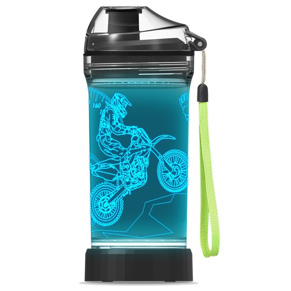 3D Light Up Water Bottle with Dirt Bike Pattern - 14 Oz BPA Free Tritan Eco-Friendly Kids Drinking Cup