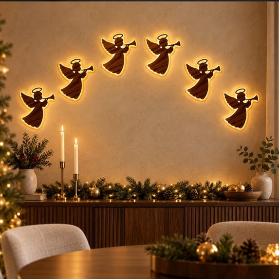 3D Light‑Up Wooden Angel Wall Decor (Set of 7), Remote‑Controlled Warm Backlit Peel & Stick Entryway Glow, Handmade Real Wood LED Christmas Wall Decor for Living Room, Bedroom, Fireplace
