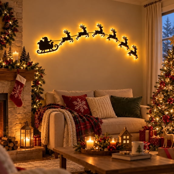 3D Light-Up Wooden Reindeer Christmas Decor (7-Pack), Warm Backlit Peel & Stick Entryway Glow, Handmade Real Wood LED Reindeer Christmas Wall Decor, for Living Room, Bedroom, Fireplace