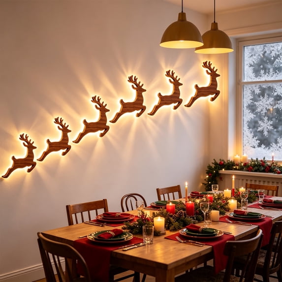 3D Light-Up Wooden Reindeer Christmas Decor 7PC, Warm Backlit Peel & Stick Entryway Glow, Handmade Real Wood LED Reindeer Christmas Wall Decor, for Living Room, Bedroom, Fireplace