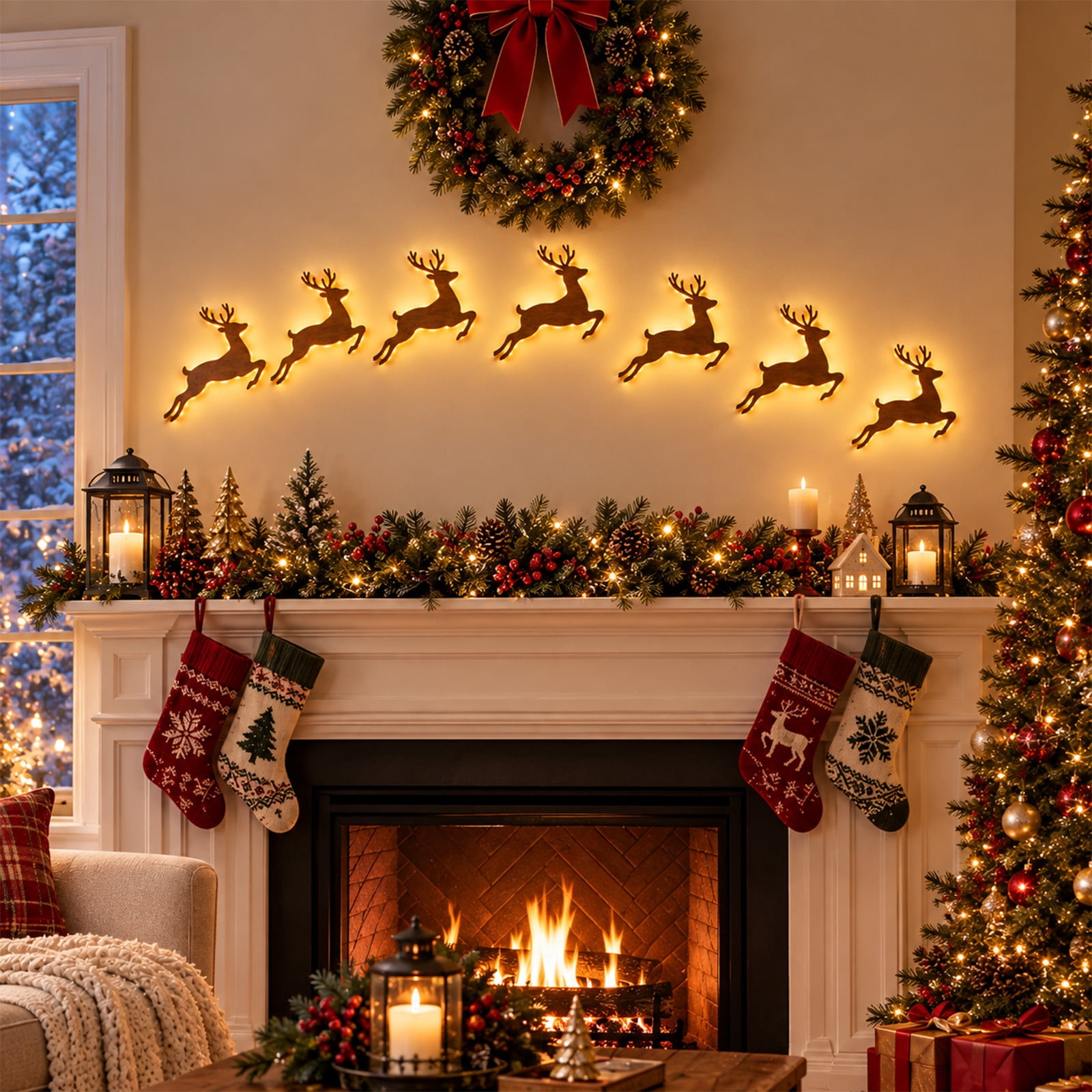 3D Light-Up Wooden Reindeer Christmas Decor, Set of 7 Holiday Wall
