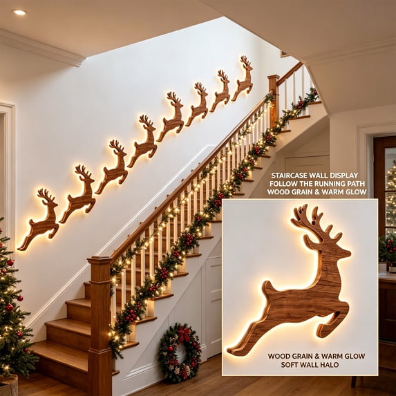 3D Light-Up Wooden Reindeer Christmas Decor, Warm Backlit Glow Handmade Real Wood LED Reindeer Christmas Wall Decor, for Living Room, Bedroom, Fireplace(7Pcs)