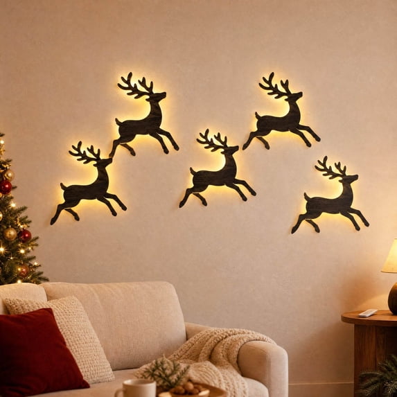 3D Light-Up Wooden Reindeer Christmas Decor, Warm Backlit Peel & Stick Entryway Glow, Handmade Real Wood LED Reindeer Christmas Wall Decor for Home Indoor Outdoor (7 Pack)