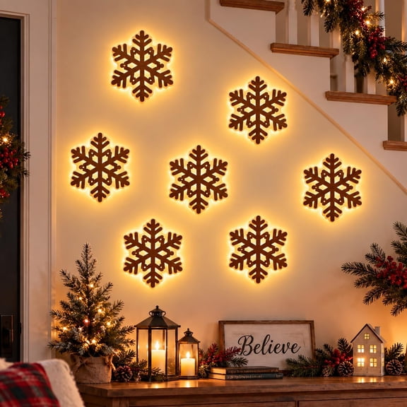 3D Light-Up Wooden Snowflake Christmas Wall Decor Lights,Snowflake,Warm White Lighted Snowflake Decorations, Peel & Stick Christmas Wall Accents for Living Room, Fireplace Mantel, Entryway