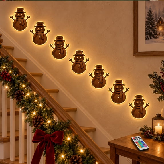 3D Light‑Up Wooden Snowman Wall Decor (Set of 7), Remote‑Controlled Warm Backlit Peel & Stick Entryway Glow, Handmade Real Wood LED Christmas Wall Decor for Living Room, Bedroom, Fireplace