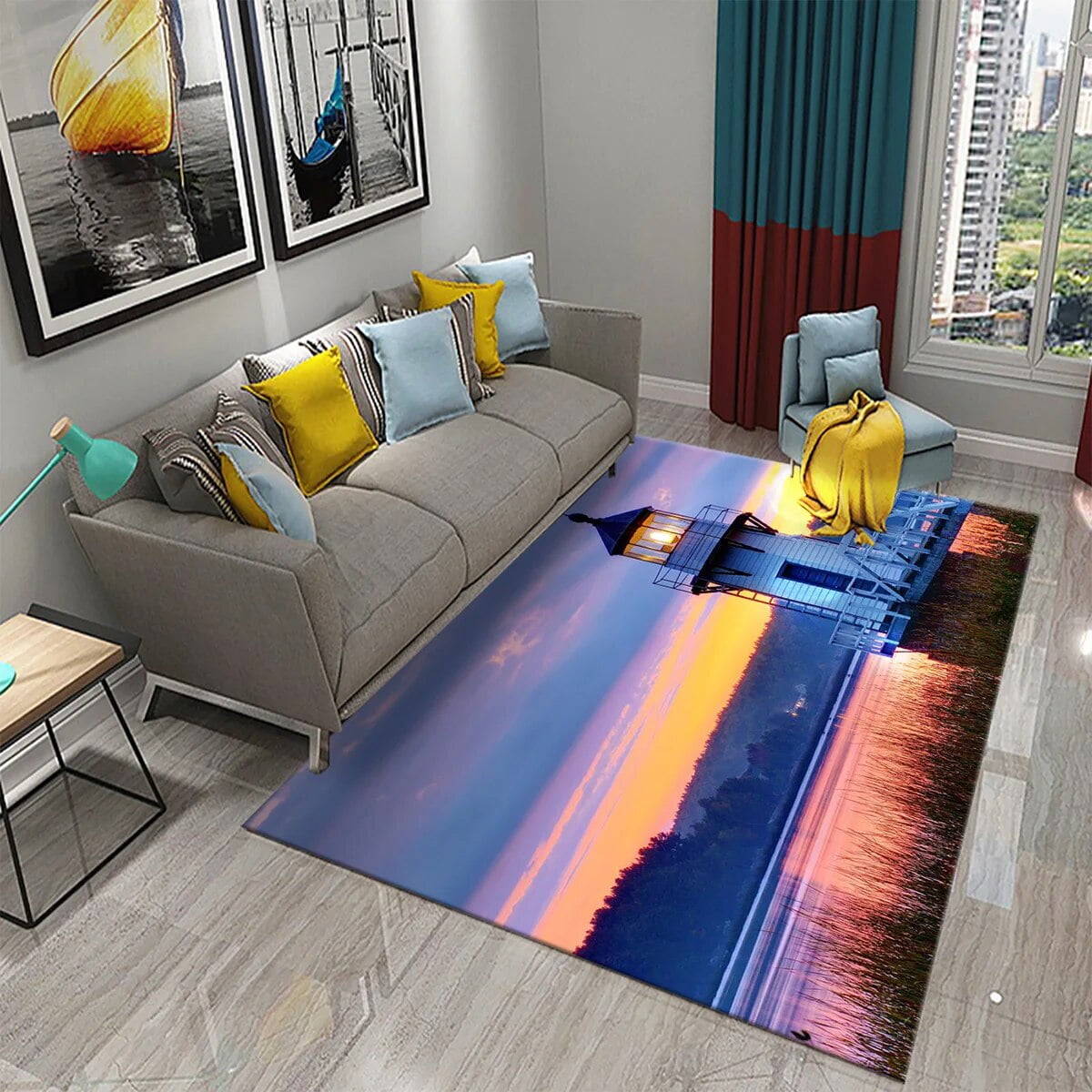 3D Lighthouse Carpet Sunset Sea Beach Theme Rugs Bathroom Kitchen