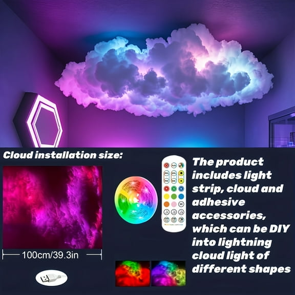 3D Lightning Cloud Light Strip, 100cm Music Rhythm Color-Changing LED, 360 Wireless Remote, Warm White & 7 Colors, Flexible Mood Lighting for Gaming Room, Bedroom, Modern Home Decor