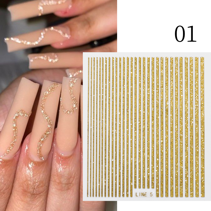 3D Lines Nail Stickers DIY Rose Gold Metal Stripe Lines Letters Decals