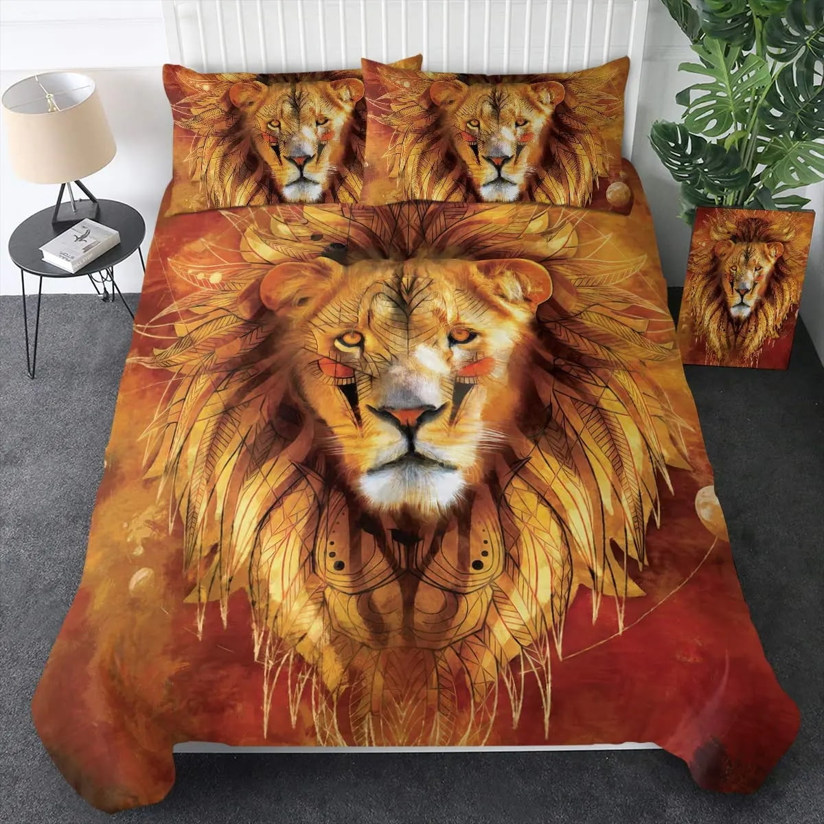 3D Lion Duvet Cover Sets King Vintage Lions Bedding Set 2/3Pcs Black