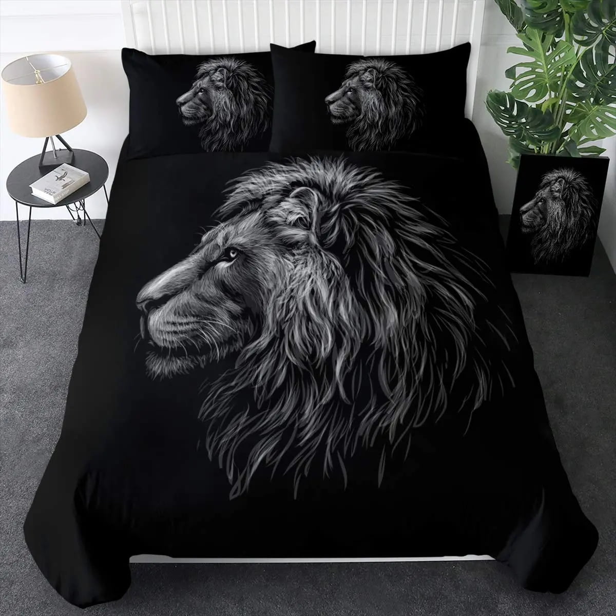 3D Lion Duvet Cover Sets King Vintage Lions Bedding Set 2/3Pcs Black