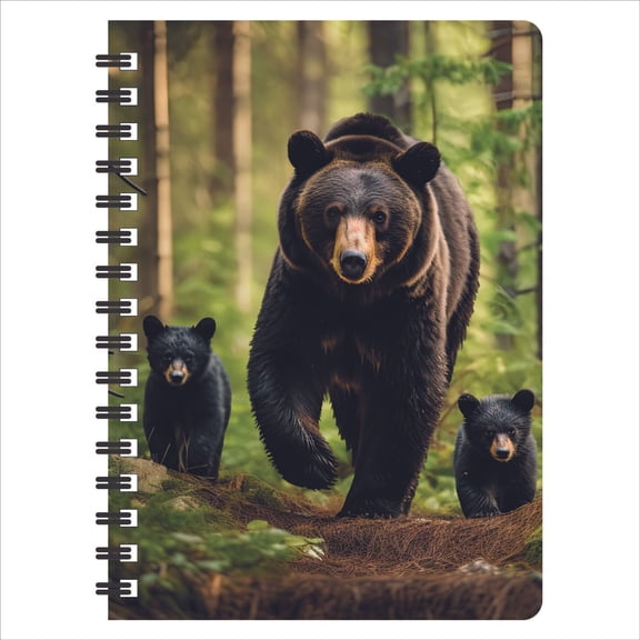 3D LiveLife Jotter - Black Bear Family Stroll from Deluxebase. Spiral Bound A6 5.5x4in Small Animal Notebook, 80 Plain Recycled Pages, Cute Cover.