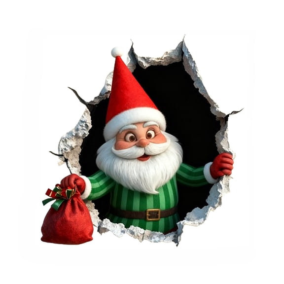 3D Look Christmas Wall Stickers Santa Claus Snowman Reindeer Break Through Wall Design Removable Wall Decals for Bedroom Living Room Home Holiday Decor