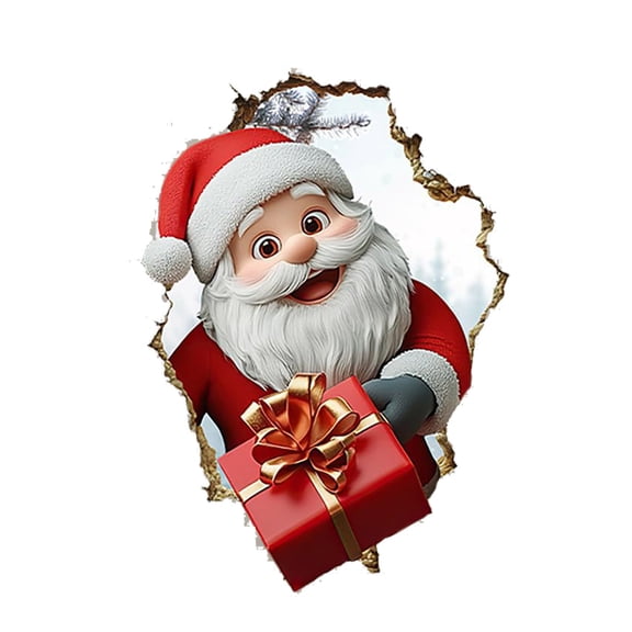 3D Look Christmas Wall Stickers Santa Claus Snowman Reindeer Break Through Wall Design Removable PVC Wall Decals for Bedroom Living Room Home Holiday Decor