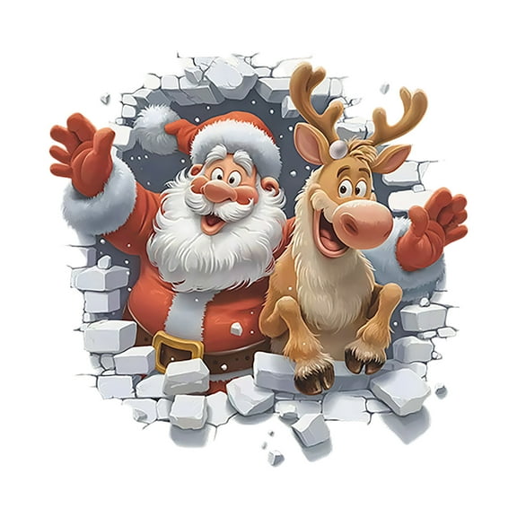 3D Look Christmas Wall Stickers Santa Claus Snowman Reindeer Break Through Wall Design Removable Wall Decals for Bedroom Living Room Home Holiday Decor