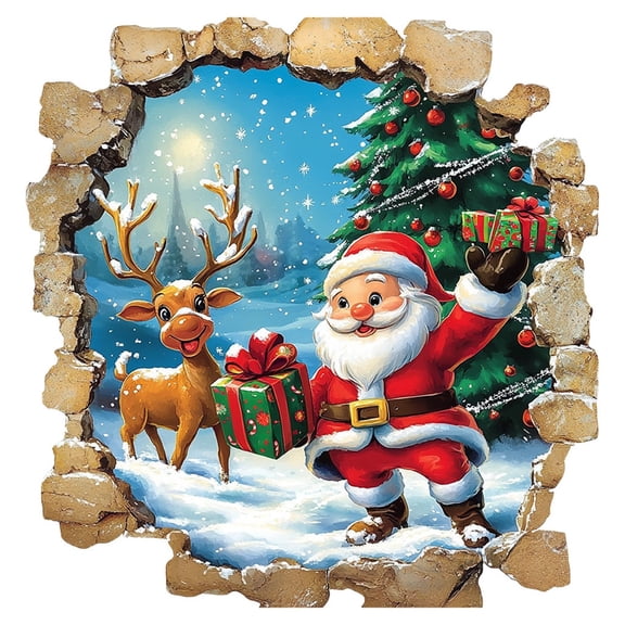 3D Look Christmas Wall Stickers Santa Claus Snowman Reindeer Break Through Wall Design Removable PVC Wall Decals for Bedroom Living Room Home Holiday Decor