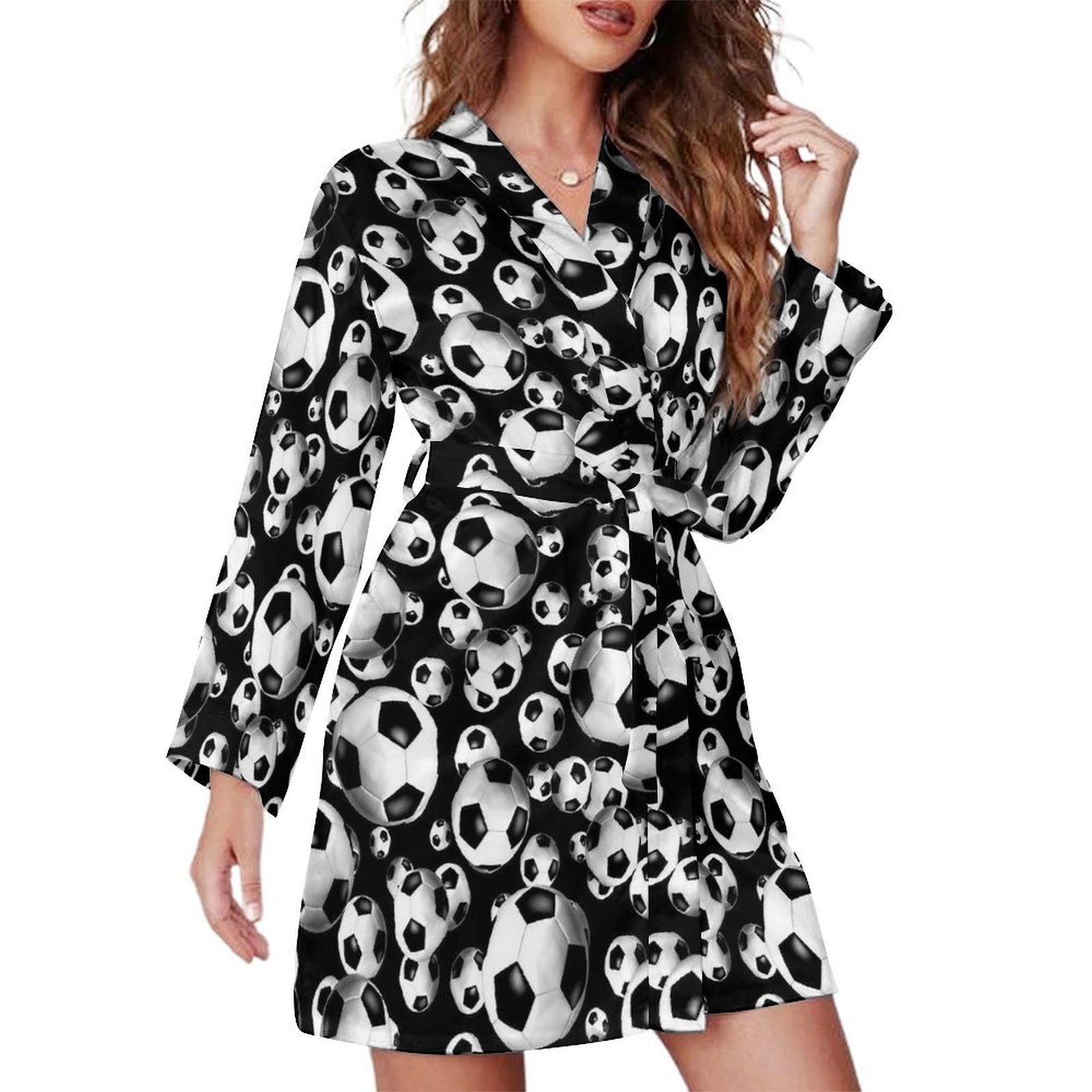 Soccer Robe 3D Look Soccer Balls Night Robe Long Sleeve V Neck Robe With Belt Women ...