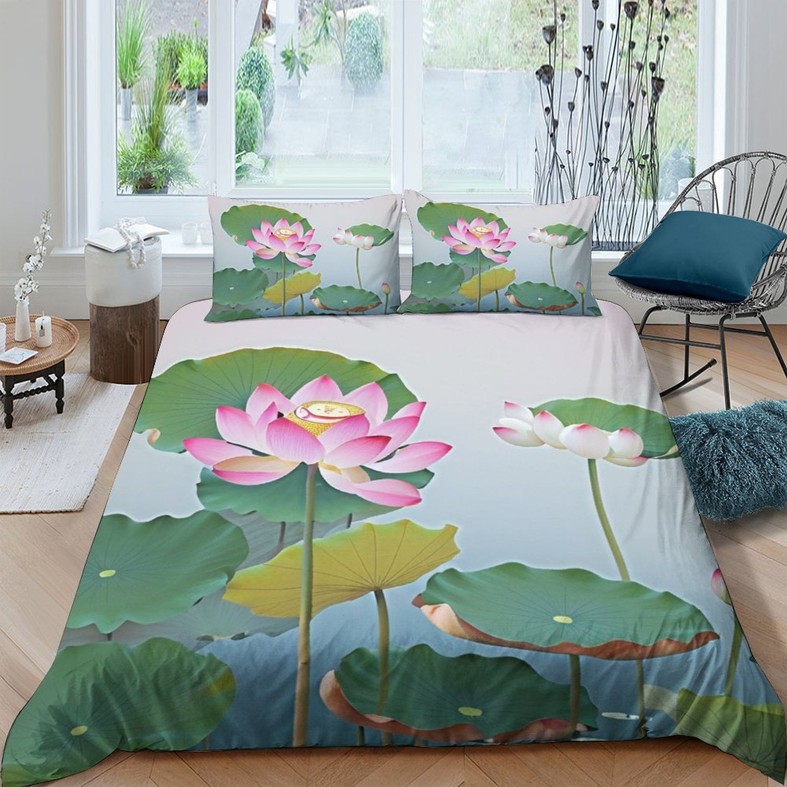 3D Lotus Leaves and Flowers Printed Comforter Cover Set High Quality ...