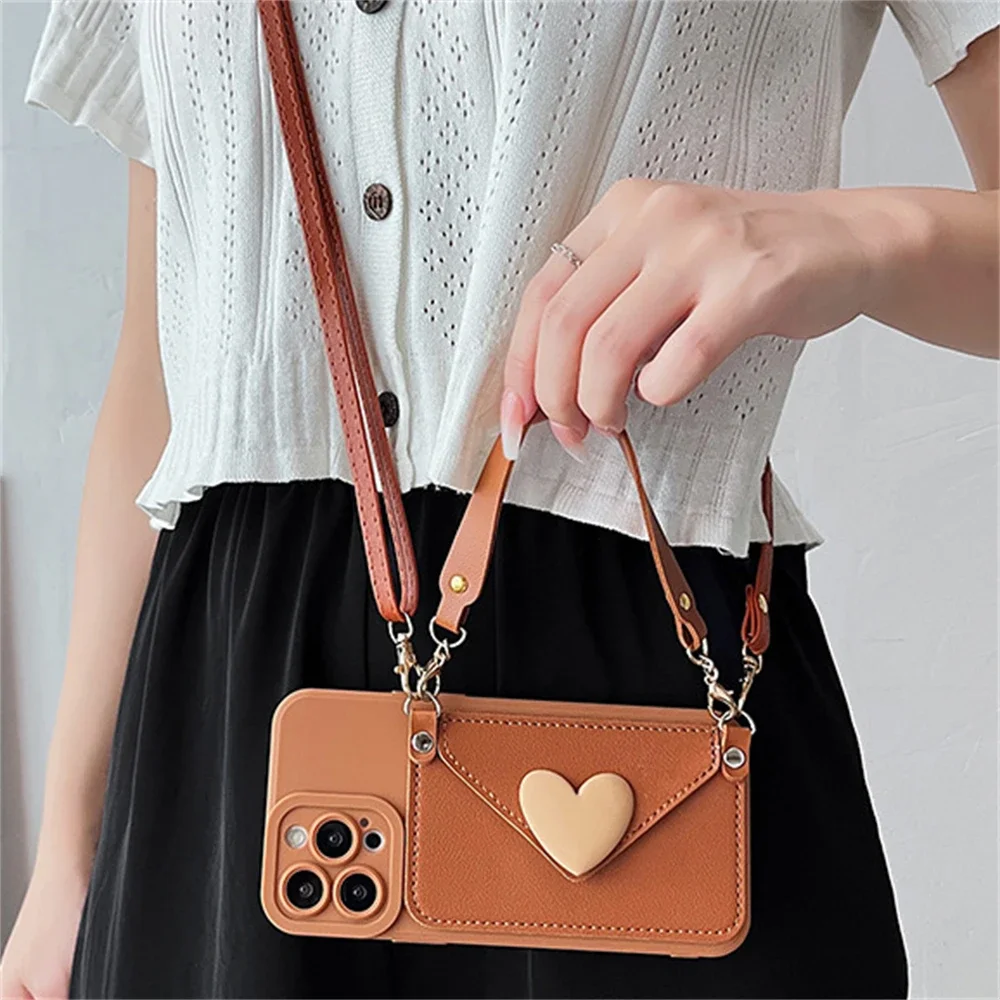 3D Love Heart Crossbody Necklace Lanyard Holder Case for iPhone 15 13