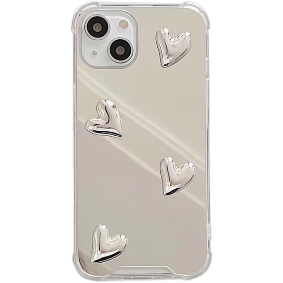 3D Love Heart Plating Makeup Mirror Airbag Acrylic  for iPhone Case (Silver,iPhone 15)