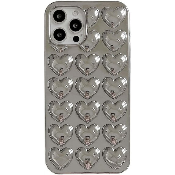 3D Love Heart Plating Silver Phone Case Compatible with iPhone 13 Pro Max,Electroplated Heart-Shaped Luxury Retro Slim Soft Protective Bling Glitter Back Cover for iPhone 13promax 6.7"