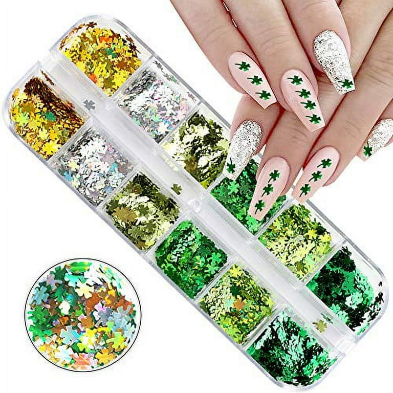 3D Lucky Clover Nail Art Glitter St.Patrick's Nail Stickers Shamrock Nail  Decals Nail Accessories Sparkle Nail Flakes Green Holographic Shiny Design 