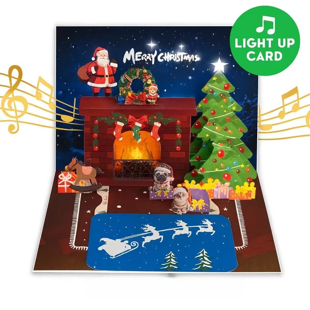 Ribbli Pop Up Musical Christmas Card With Lights - Santa & Tree Design, 8.2x5.7 Inch With Envelope