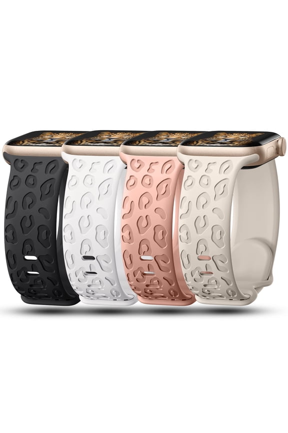 4 Pack Leopard Engraved Band Compatible with Apple Watch Band 38mm 40mm 44mm 45mm 49mm, Waterproof Cheetah Sport Silicone Wristbands Replacement for iWatch Series 8 7 6 5 4 3 2 SE for Women