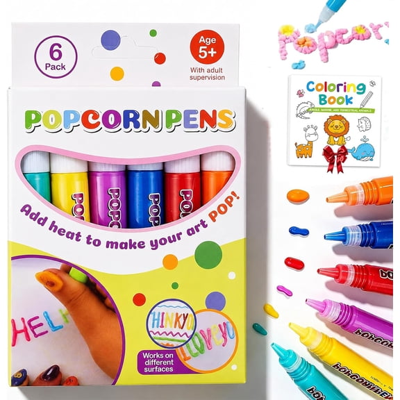 3D Magic Popcorn Pens, 2026 New DIY Bubble Popcorn Drawing Pen with 6/12 Colors, Dries with Fun Texture for Drawing Coloring Crafts Art Projects and Classroom