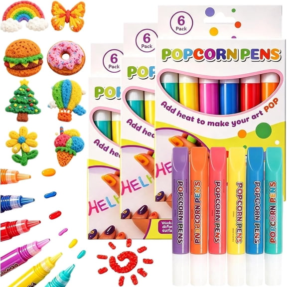 3D Magic Popcorn Pens, 6 Colors DIY Bubble Popcorn Drawing Pen, Art Craft Toy for Handmade Graffiti & DIY Creation, 3 pcs