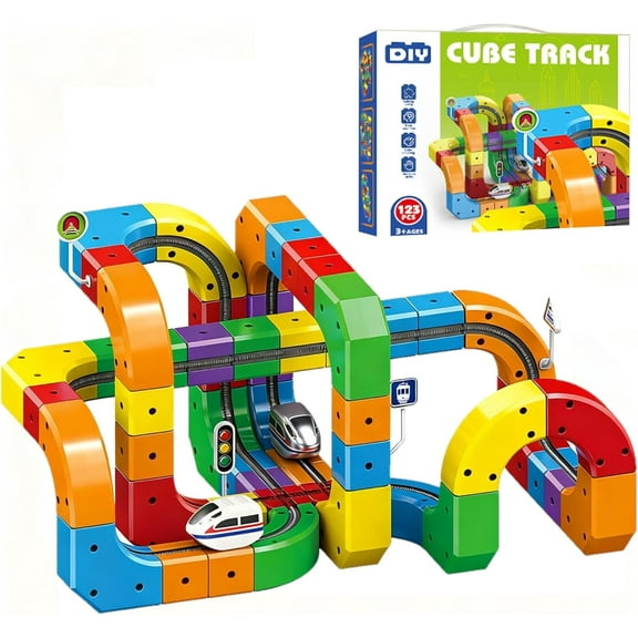 3D Magnetic Electric Train Toy Set Flexible Race Track for Kids, Car Track Building Blocks for Toddlers, 3D Embedded Gravity-Defying Layouts & Motorized Train Track Building Toys (123pcs)