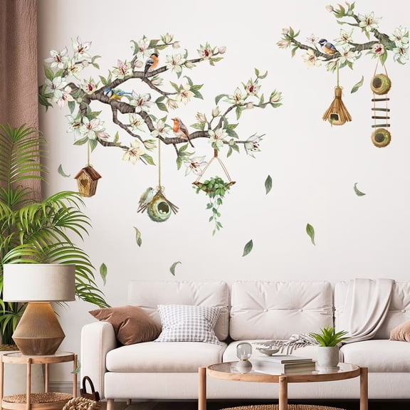 3D Magnolia Branch Wall Decals Birdhouse Tree Branches Wall Stickers DIY Fresh Magnolias Plant Flower Birds Rural Style Removable Wall Decor for Home Girls Bedroom Living Room Nursery Kitchen