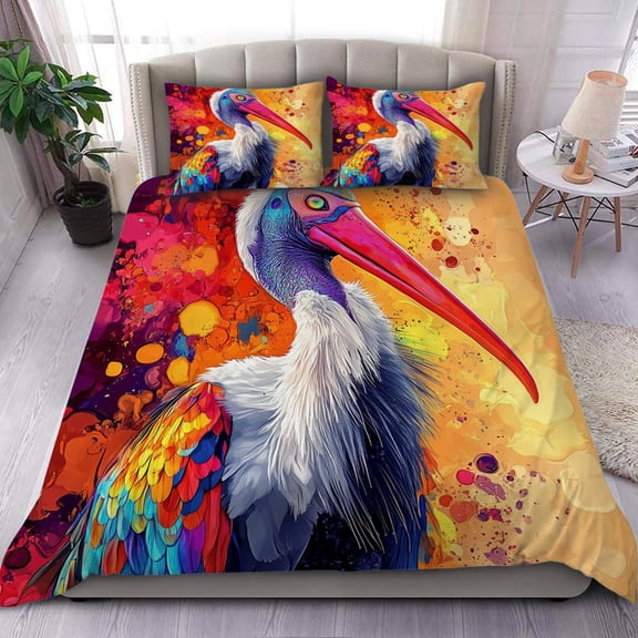 3D Marabou Stork Duvet Cover Set – 3 Pieces Natural Bird Print Bedding, Soft Breathable Comforter with Pillowcases for Kids