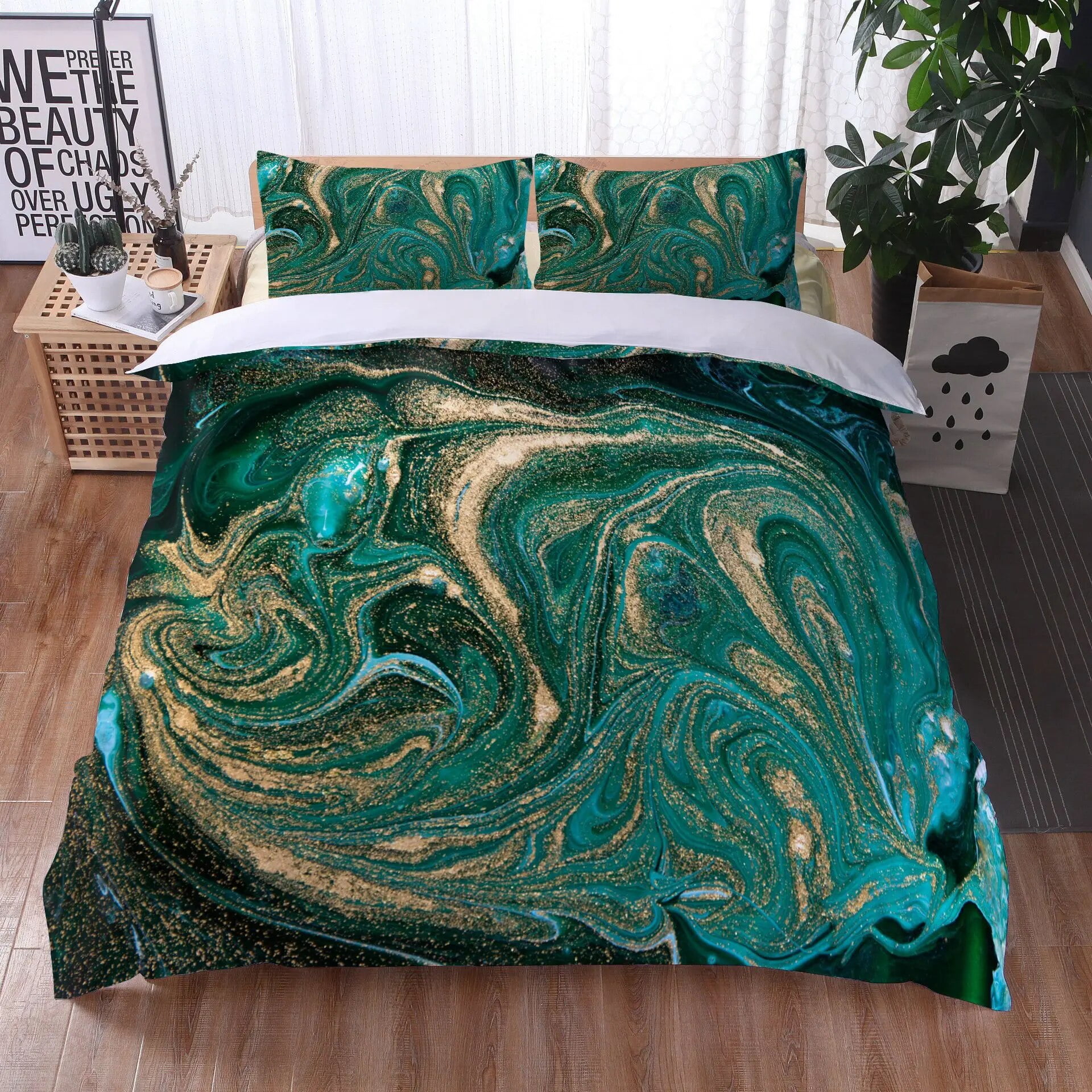 3D Marble Duvet Cover Abstract Geometric Bedding Set Pink Golden