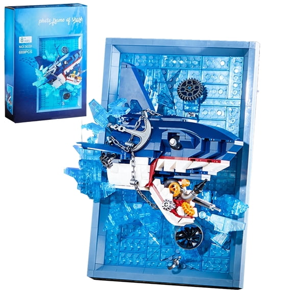 Cabeeskii 3D Mechanical Shark Breaking Through Wall Building Blocks Frame | 669-Piece 3D Model | ABC Material | Shark Character Group | Creative Desktop & Home Decoration Gift