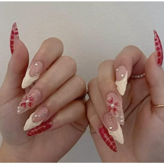 3D Medium Long Press on Nails,Red French Tips Almond Shaped Rhinestone Nail Press ons with Flower Design 24Pcs False Nails