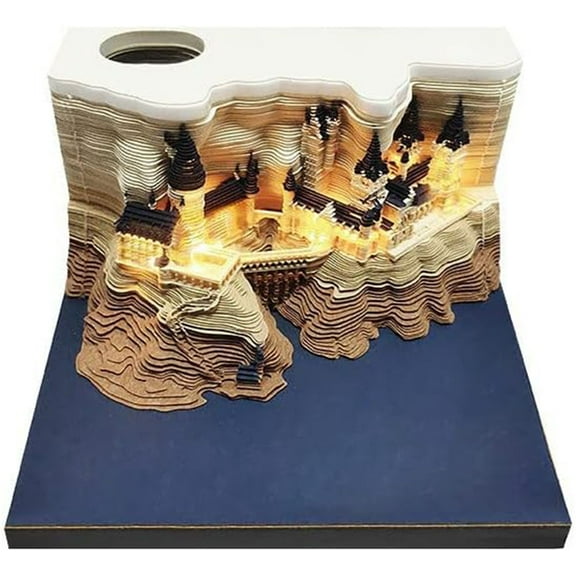 3D Memo Pad Magic Castle Notepad Non-Sticky Notes Paper Carving with Light, 3D Art Craft Gift for Christmas Housewarming Desktop Decoration
