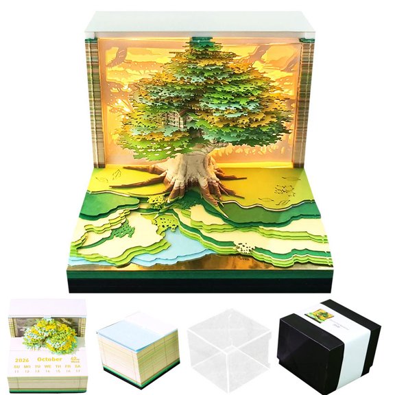 3D Memo Pad Time Piece Calendar 2026, Tear-Off Art Tree House Desk Calendar 2026 With LED Light,Creative Paper Sculpture Magic Tree Rip Away Calendar Notes,Desktop Decoration