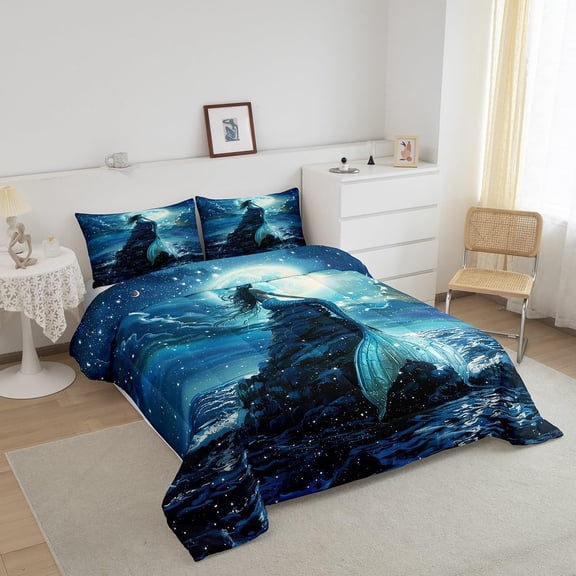 3D Mermaid Comforter Set Queen Size, Sea Moon Starry Sky Bedding for Kids Boys Girls Room Decor, Blue Fish Scale Fantastic Duvet Insert 3Pcs, Luxury Fashion Soft Microfiber Quilt Set