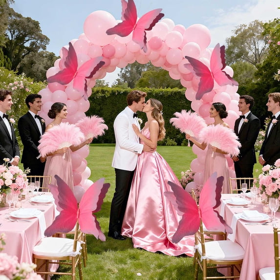 3D Mesh Butterfly Decorations with Stand, 12 Pack Hot Pink Butterflies for Wedding Aisle, Garden Party, Backdrop, DIY Indoor Outdoor Decoration