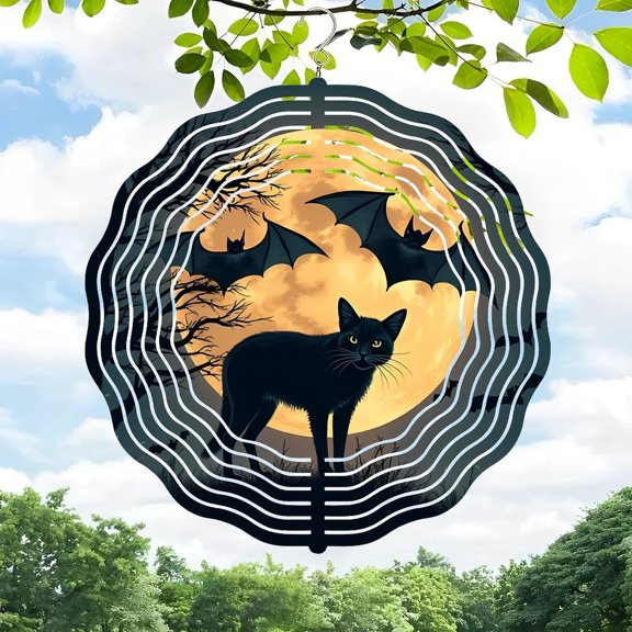 3D Metal Hanging Wind Chimes - Mystical Black Cat & Bats Design for Yard & Garden Decor Concentric Circles with Yellow Moon & Green Trees