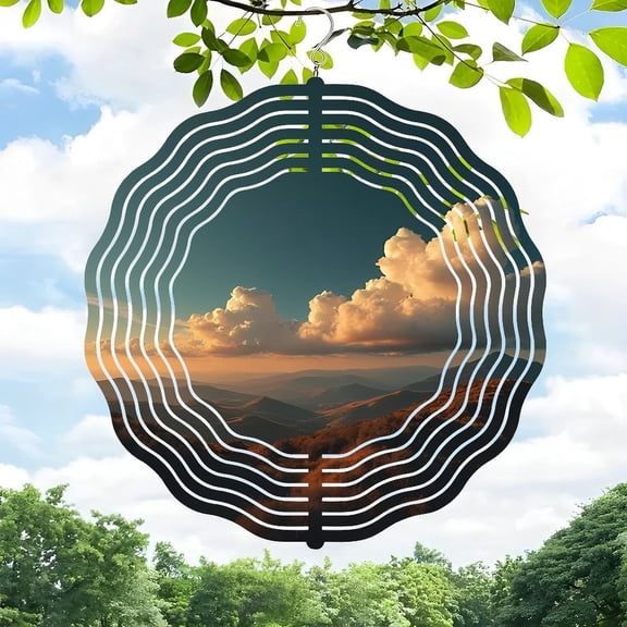 3D Metal Hanging Wind Chimes & Spinners - Wavy Sound Wave Design for Yard & Garden Decor Scenic Mountain & Cloud Theme Illuminated by Golden Sunlight