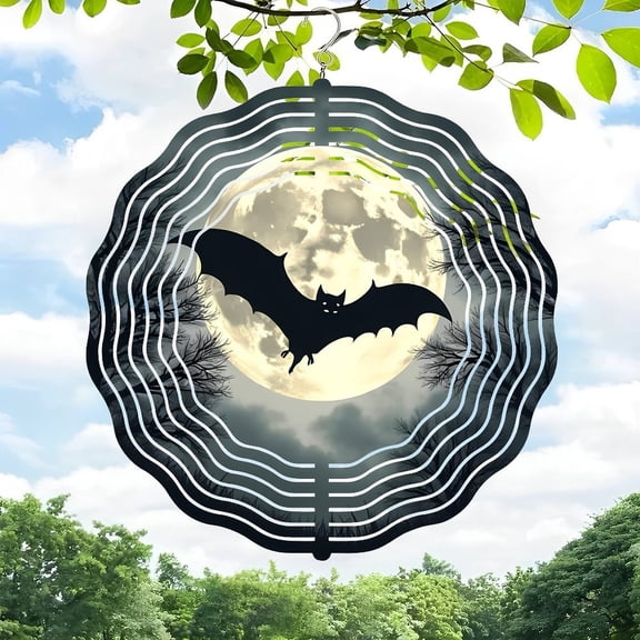 3D Metal Hanging Wind Spinner - Bat with Full Moon & Concentric Circle Design for Yard & Garden Decor