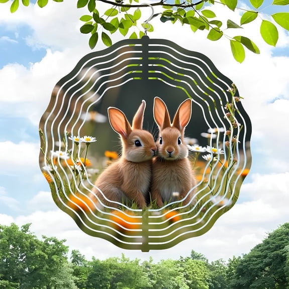 3D Metal Hanging Wind Spinner - Circular Wind Chime Design with Rabbits in a Field - Perfect for Yard and Garden Decor