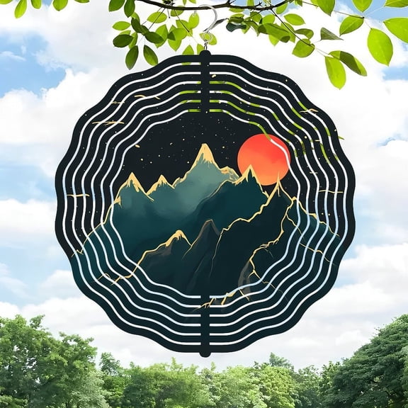 3D Metal Hanging Wind Spinner - Concentric Rings with Mountain Landscape & Red Sun - Perfect for Yard & Garden Decor