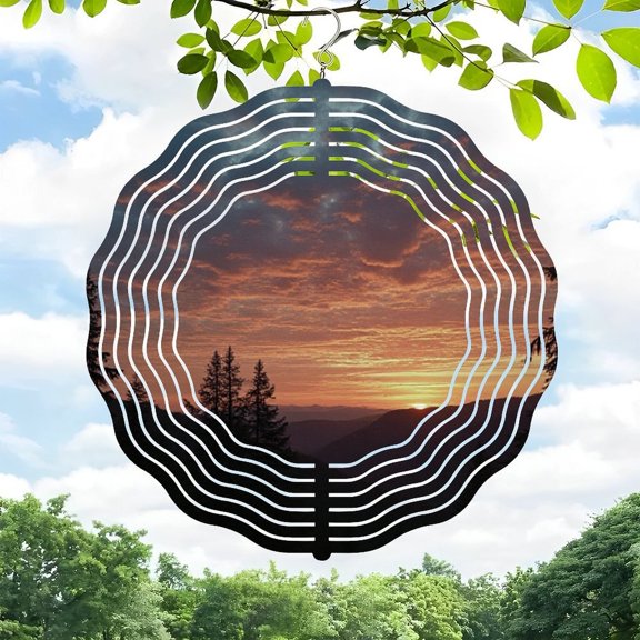 3D Metal Hanging Wind Spinner - Concentric Ripple Design with Scenic Sunset & Mountain View - Perfect for Yard & Garden Decor
