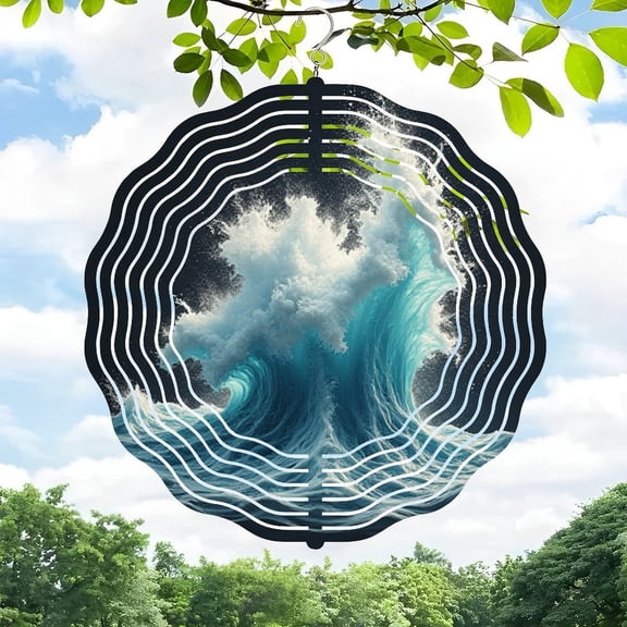 3D Metal Hanging Wind Spinner - Concentric Wave Pattern Design with Ocean Wave and Forest Scene - Perfect for Yard and Garden Decor